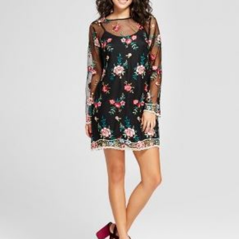 Xhilaration Sheer Embroidered Long Sleeved Dress